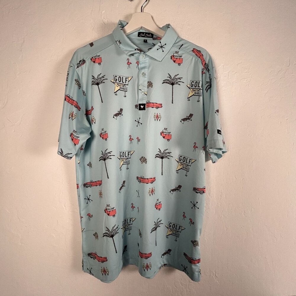 Bad Birdie Mens Golf Polo Shirt XL Retro Blue Car Oasis Flamingo Short Sleeve